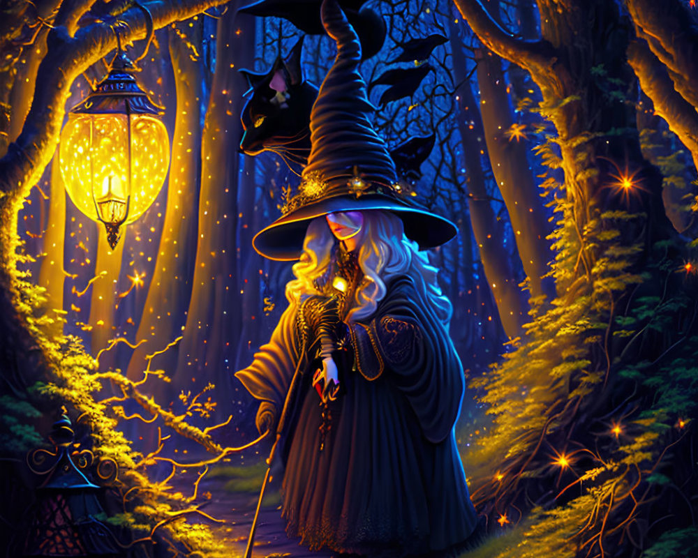 Mystical cloaked witch with cat in enchanted forest at night