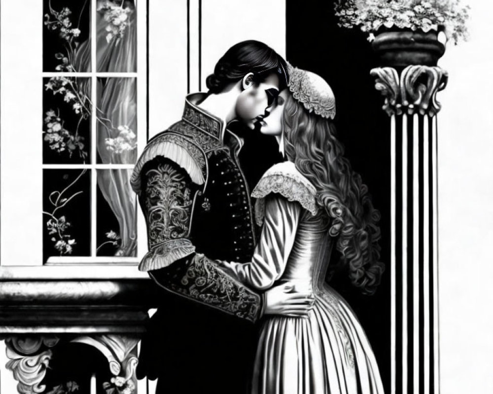 Monochrome illustration of couple in historical attire embracing by window.