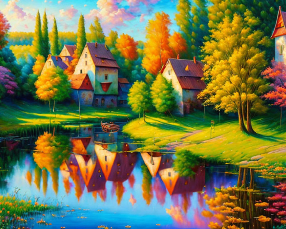 Colorful Autumn Village Scene with Reflecting Lake and Docked Boat