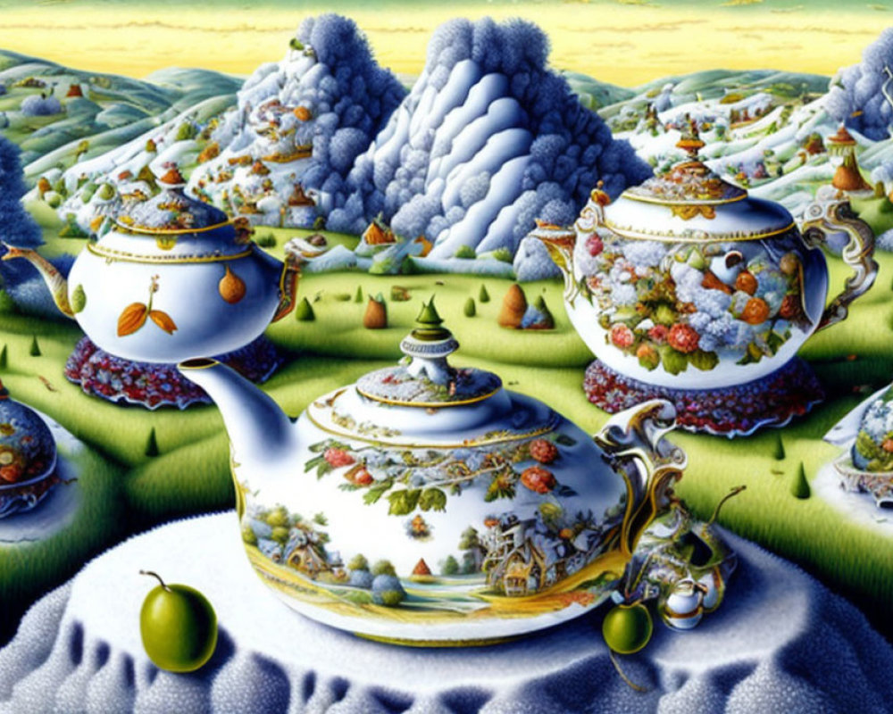 Whimsical landscape with porcelain teapots and cups amidst rolling hills