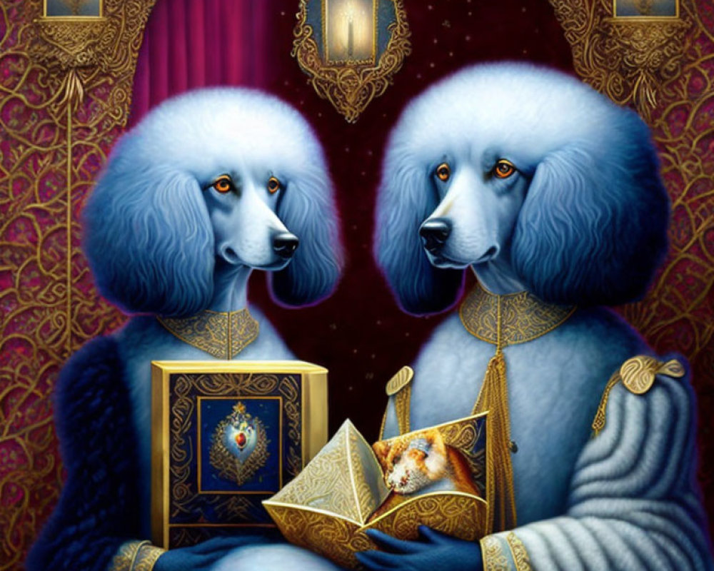 Anthropomorphic poodles in regal attire with box and book, lanterns, purple curtain.