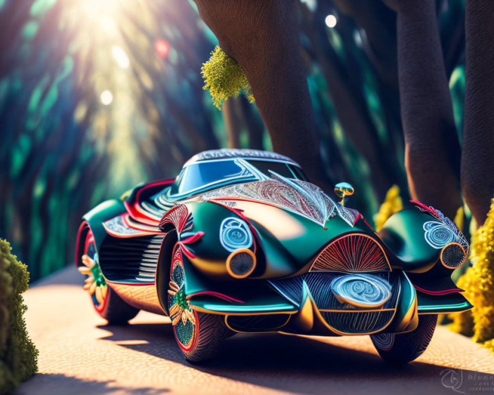 Colorful illustration: ornate car in fantastical forest with light beams