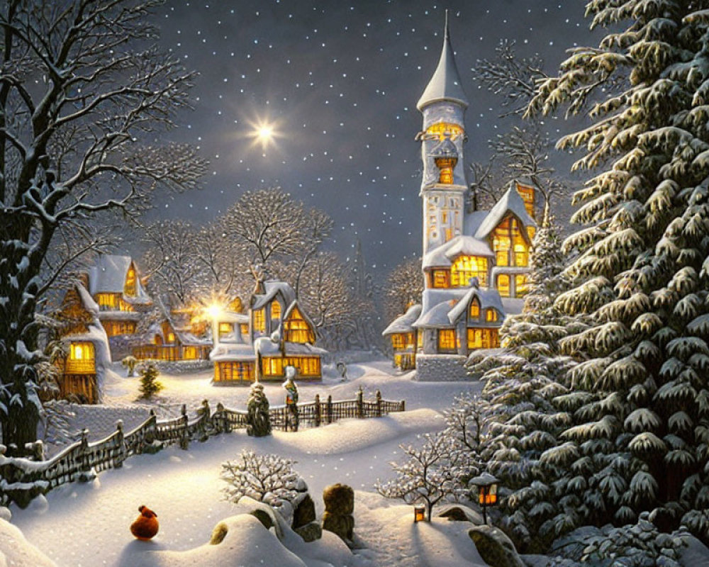 Snow-covered winter village with glowing tower under starry sky