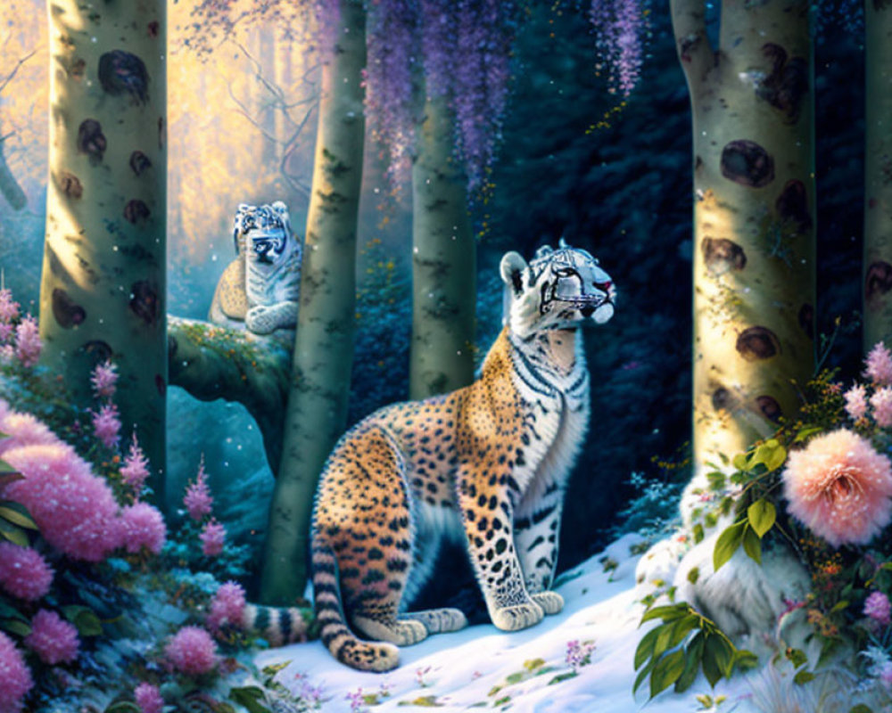 Magical forest illustration with snow leopards blending in and vibrant flora