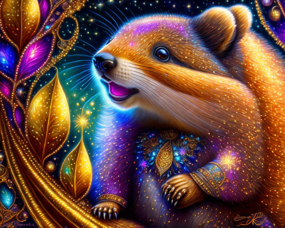 Colorful anthropomorphic beaver in jeweled attire surrounded by golden and purple foliage and sparkling stars