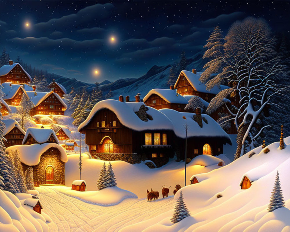 Snow-covered winter village with glowing lights and deer family