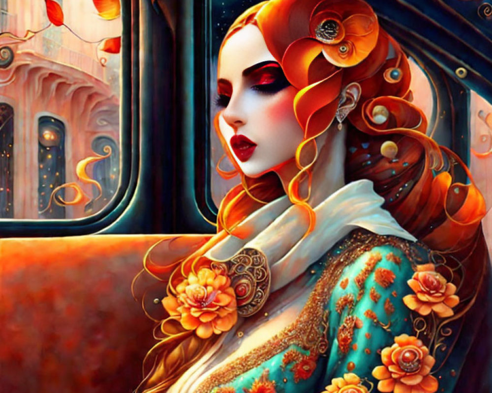 Illustration: Woman with red hair and flowers looking out train window.