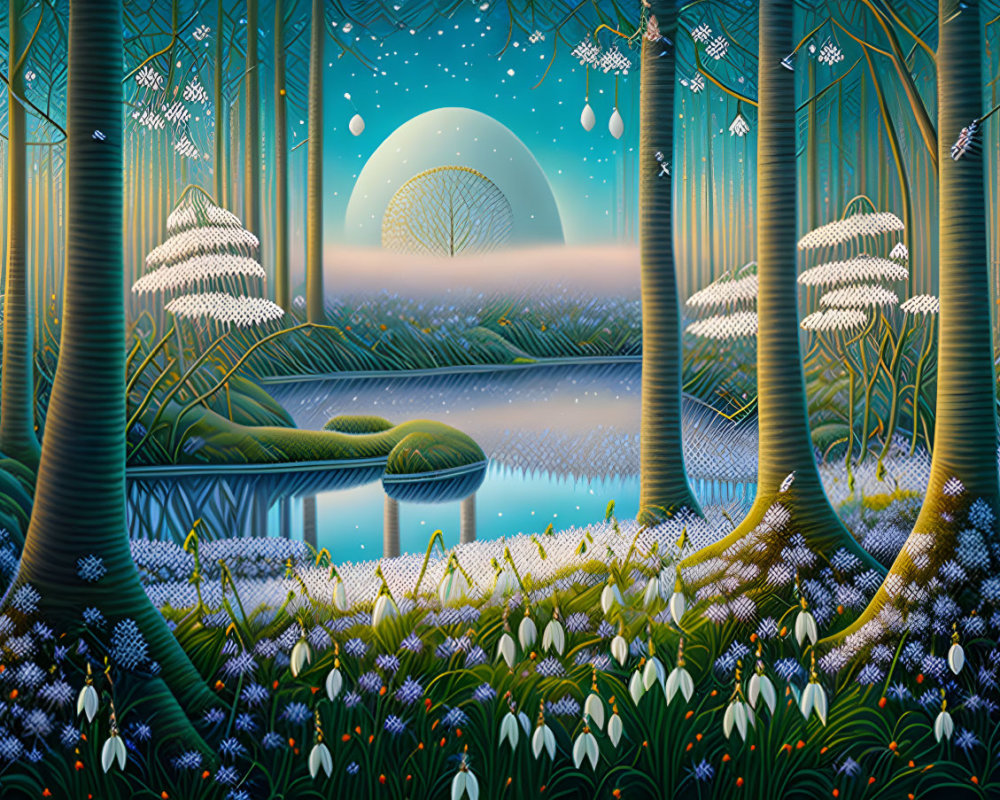 Tranquil fantasy forest with glowing flowers, reflective lake, and rising moon.