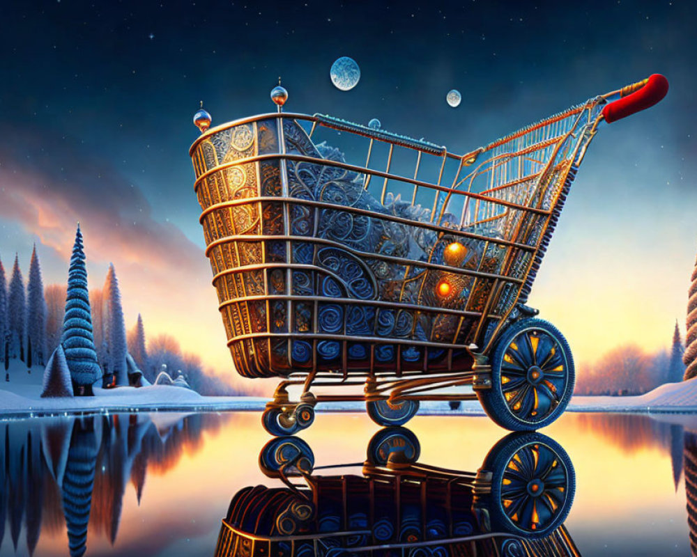 Ornate shopping cart by reflective lake in snowy forest night