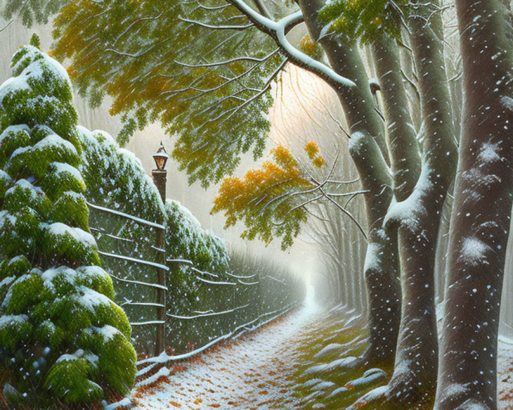 Scenic winter pathway with snow, trees, fence, and street lamps