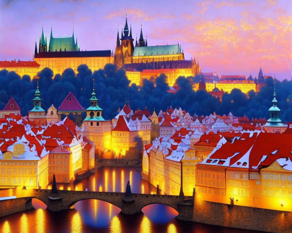 Historic city twilight scene with castle, cathedral, stone bridge & colorful buildings