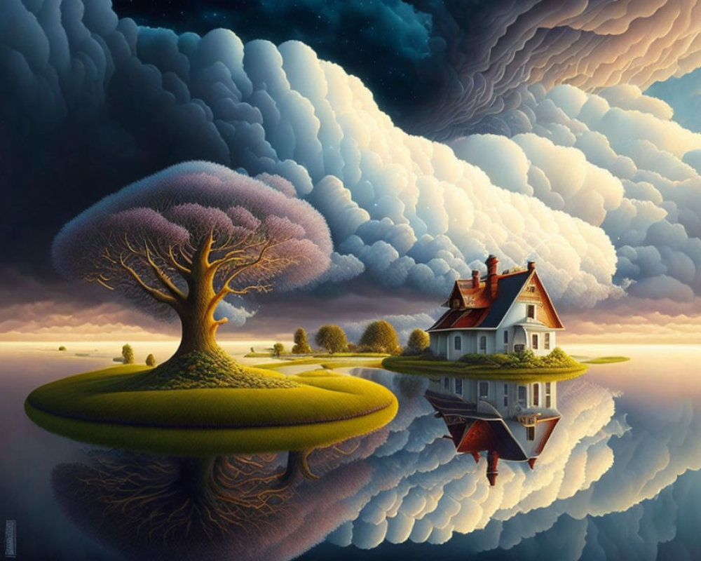 Floating island with tree and house on mirror-like surface under dramatic sky