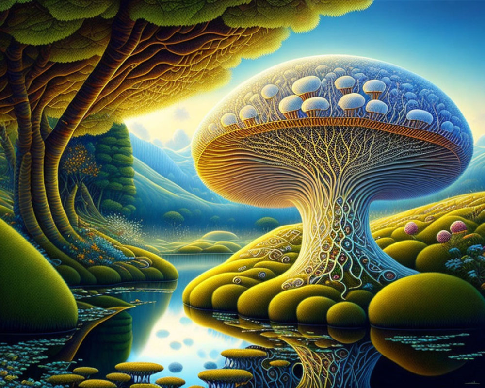 Fantastical landscape with oversized mushroom in lush hills