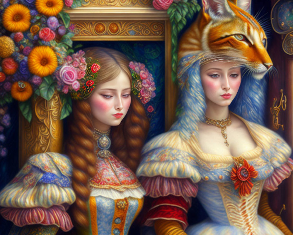 Digital Artwork: Two Women in Renaissance Attire with Feline Transformation