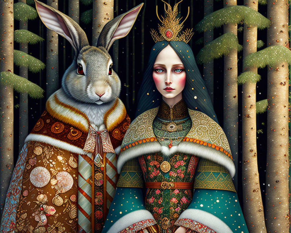 Stylized illustration of regal woman and rabbit in ornate attire with slender trees.