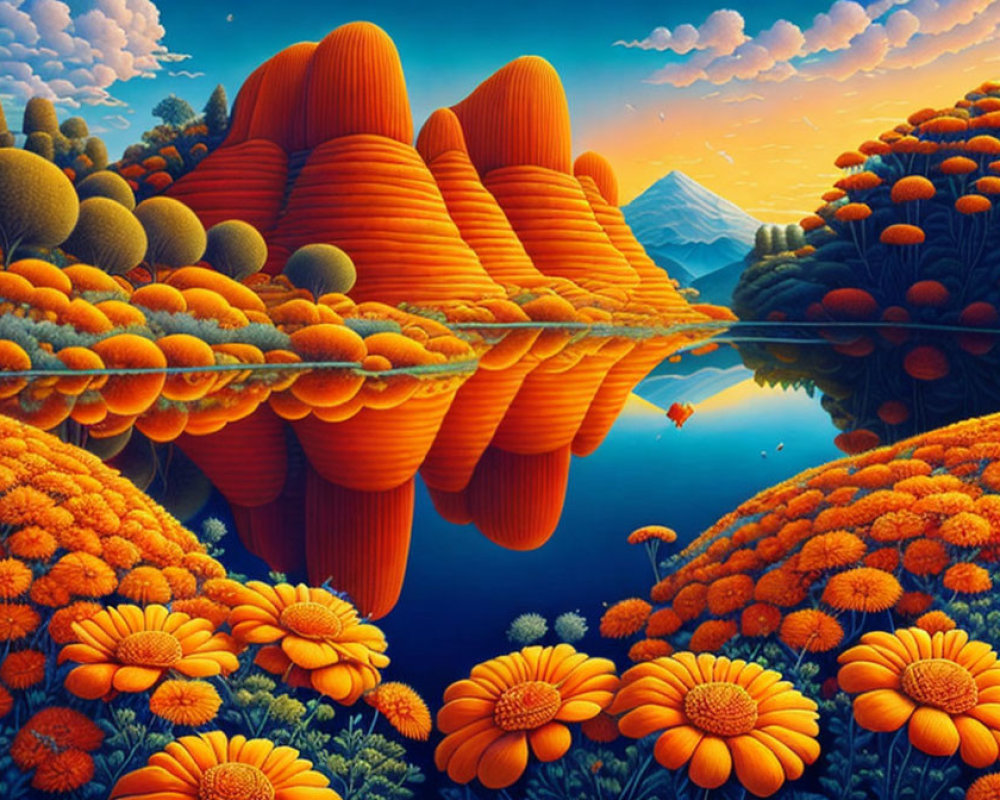 Tranquil sunset landscape with orange flora, hills, lake, mountain.