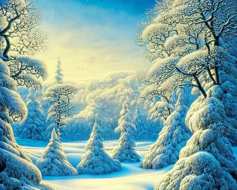 Snow-covered trees under starry sky in serene winter dusk