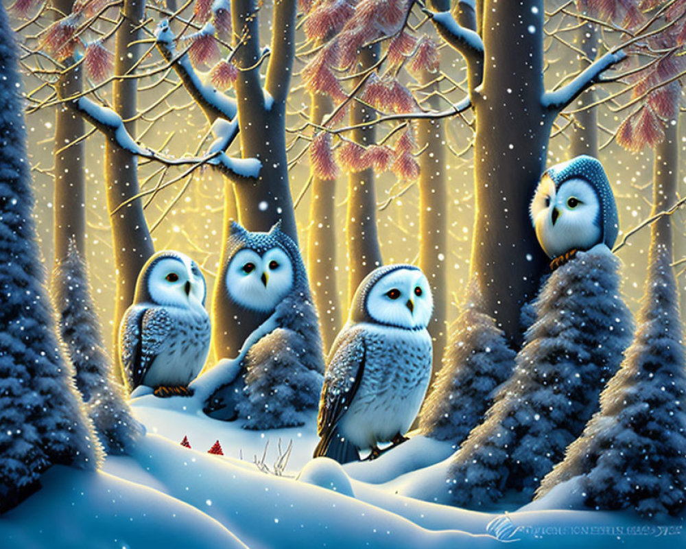 Illustrated owls in snowy twilight scene with falling snowflakes