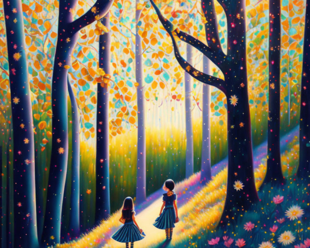 Children in dresses exploring vibrant forest with flowers and sunlight.