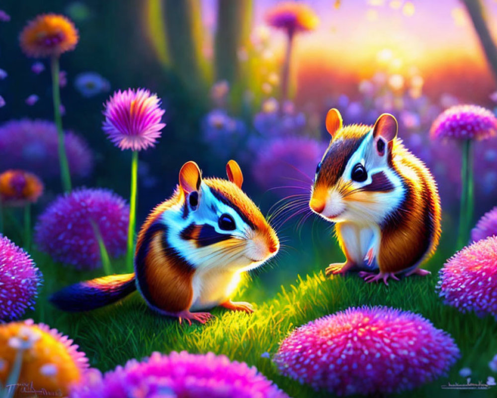 Vibrant Flowers Surround Animated Chipmunks in Colorful Meadow