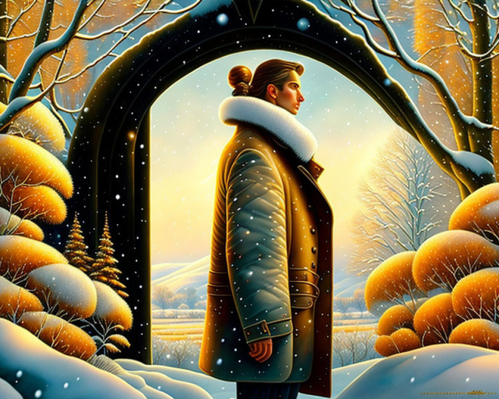 Person in winter coat gazes at snowy landscape through open gate