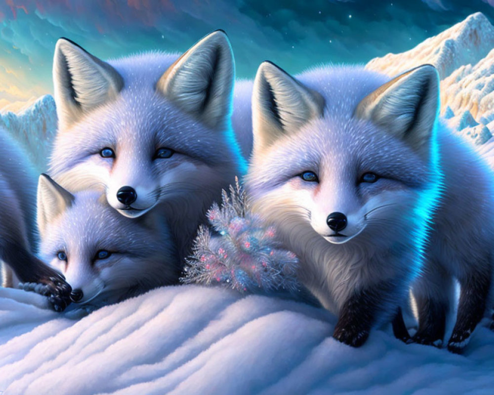 Photorealistic foxes with blue eyes on snow under starry sky