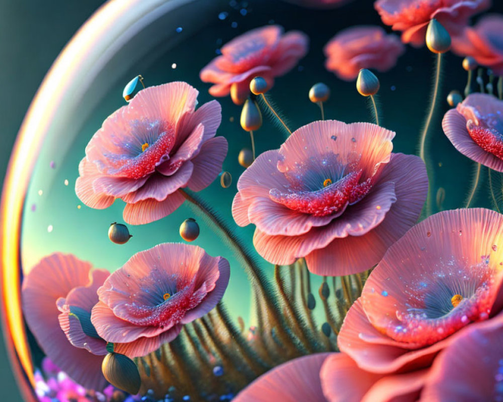 Vibrant coral-like flowers with dewdrops on spherical backdrop