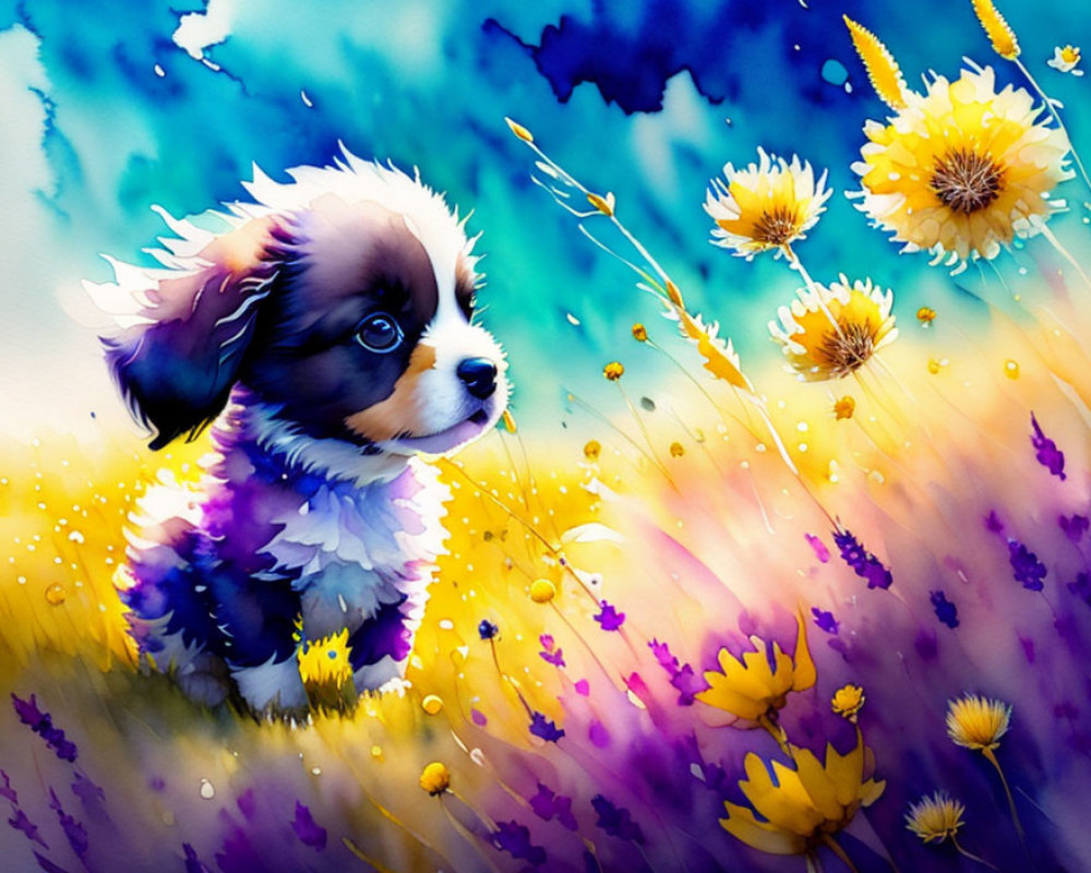 Vibrant Puppy in Yellow Flower Field with Blue and Purple Background