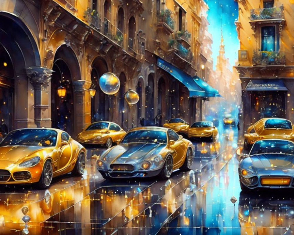 Luxury cars in vibrant street scene with sparkling lights and reflections