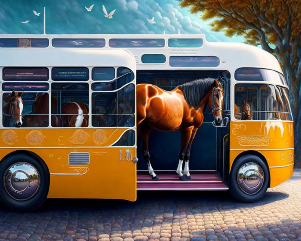 Colorful painting of two horses in a yellow bus doorway under a blue sky