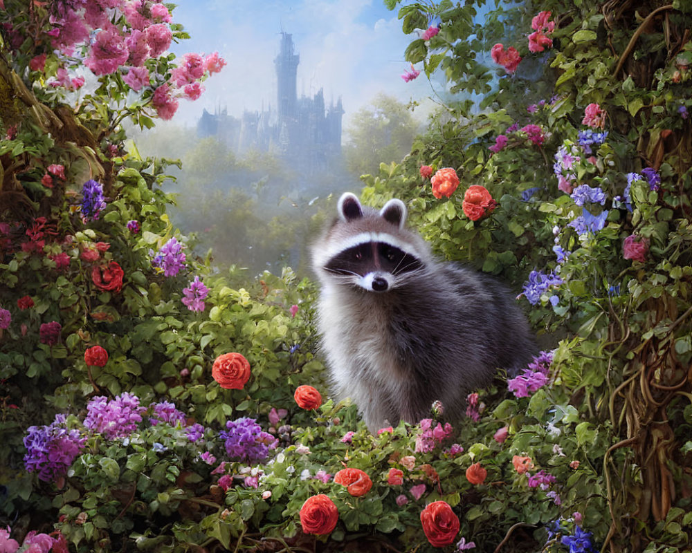 Raccoon in colorful rose garden with misty castle and dense woodland