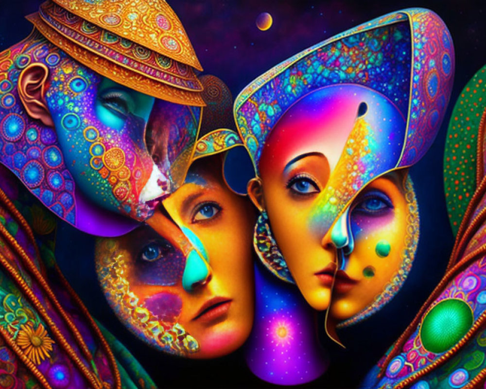 Abstract digital artwork: Colorful faces on cosmic background