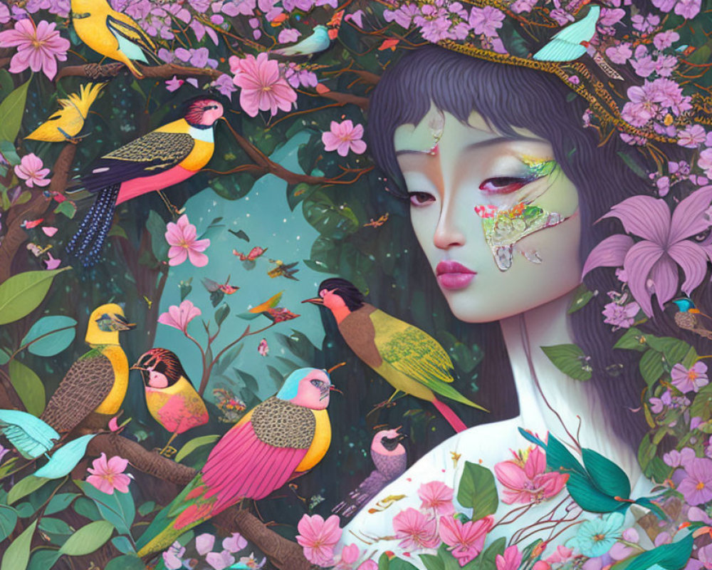 Colorful Birds and Lush Flora Surround Serene Female Figure