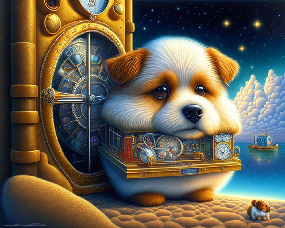 Whimsical painting of fluffy dog with replica in celestial setting