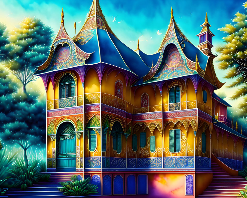 Colorful Fantasy House with Pointed Roofs in Twilight Sky