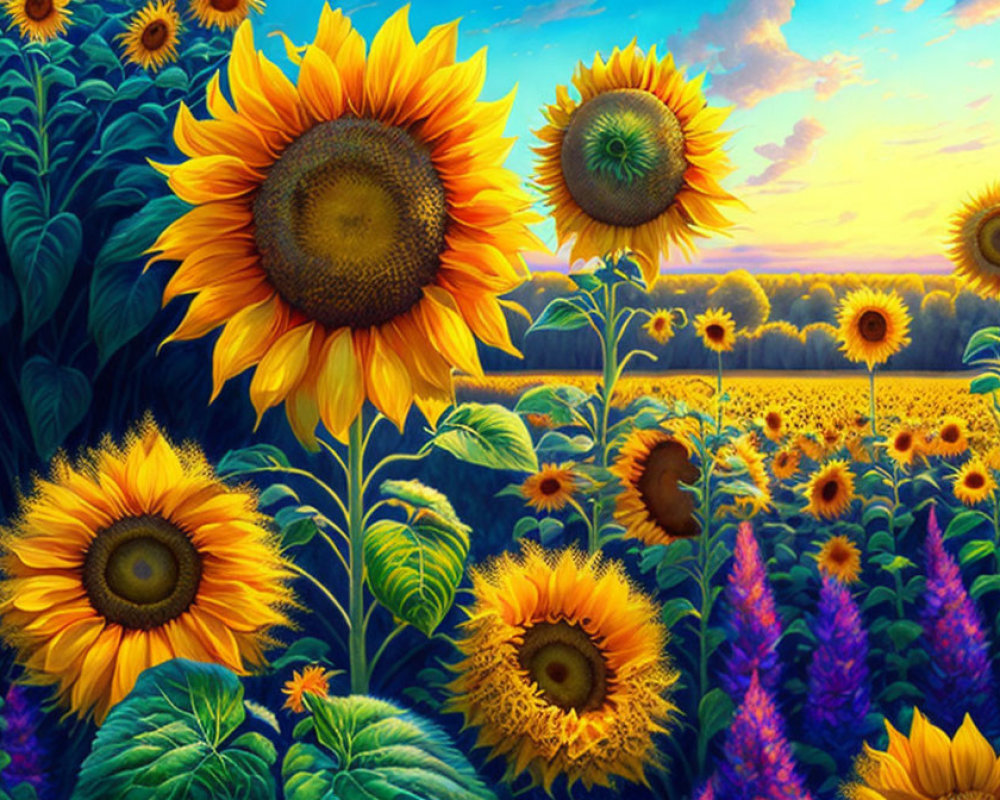 Colorful Sunflower Field Under Blue Sky with Purple Flowers