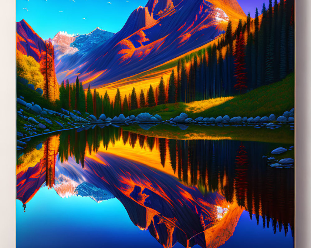 Digital landscape with mountains, forest, river, and sunset reflection