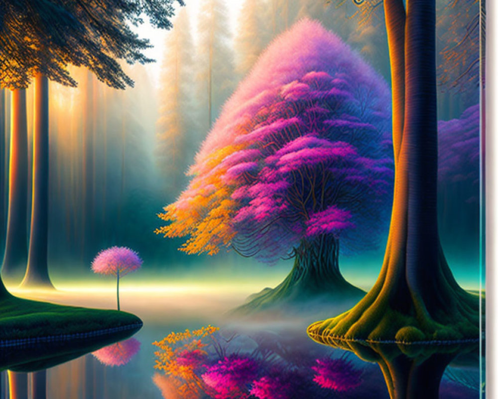 Fantasy forest with oversized purple trees and reflective water