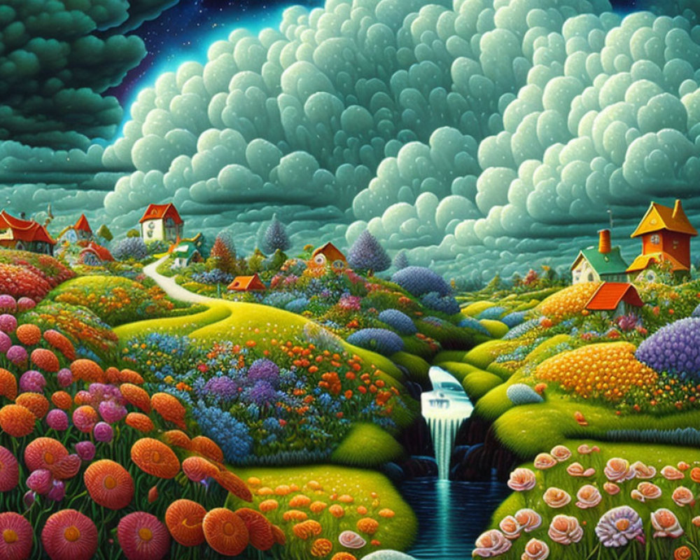 Colorful landscape with whimsical houses, lush hills, waterfall, and puffy clouds