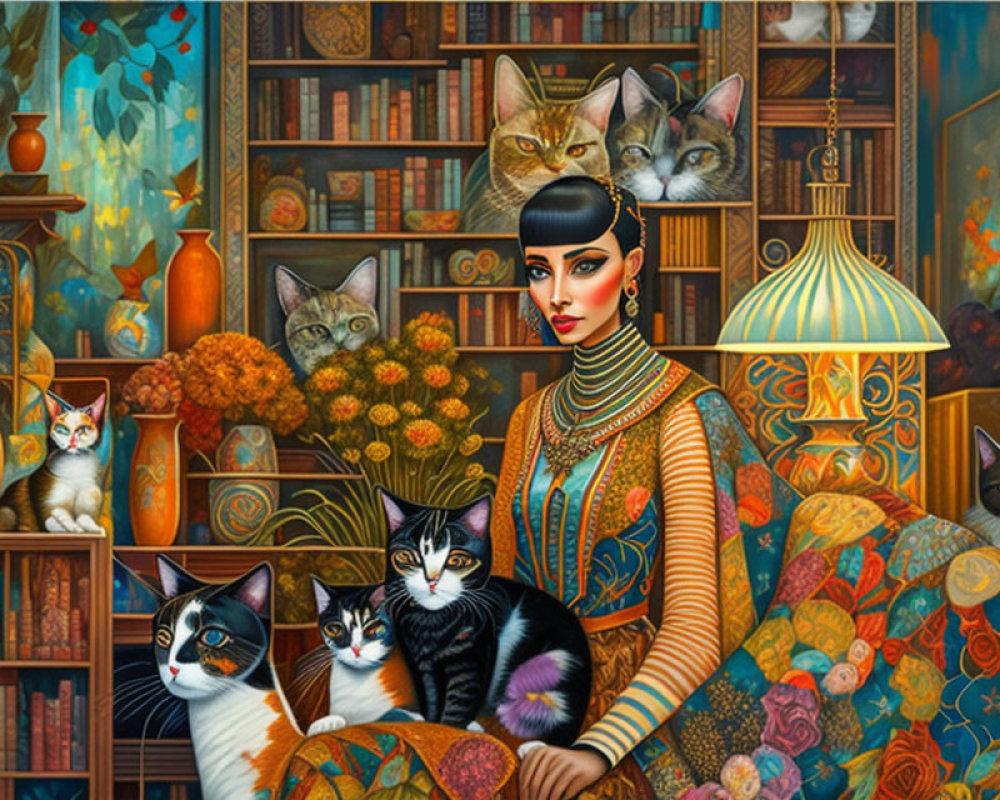 Woman with Cats in Colorful Book-Filled Room