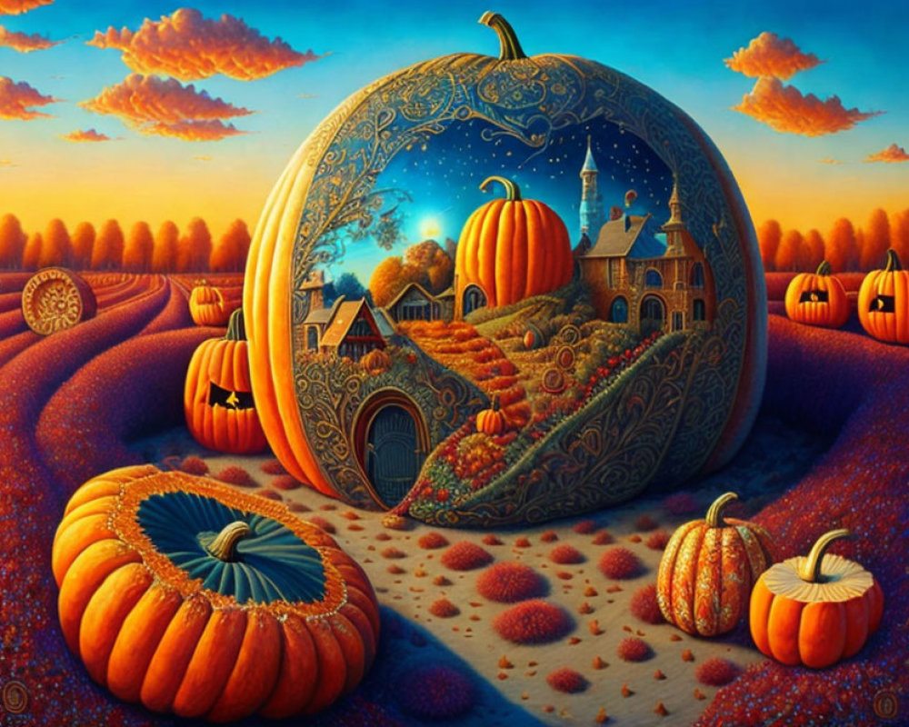 Whimsical pumpkin castle art in autumn landscape