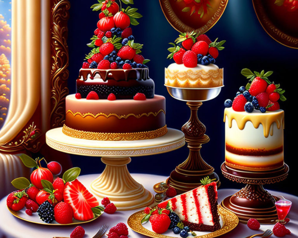 Assortment of Decadent Desserts with Cakes and Fruits