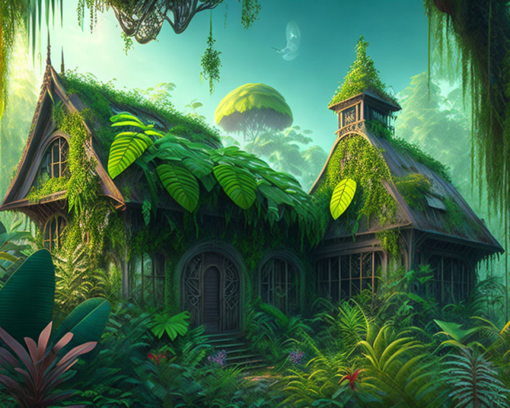 Enchanted forest cottage with overgrown greenery and glowing moon