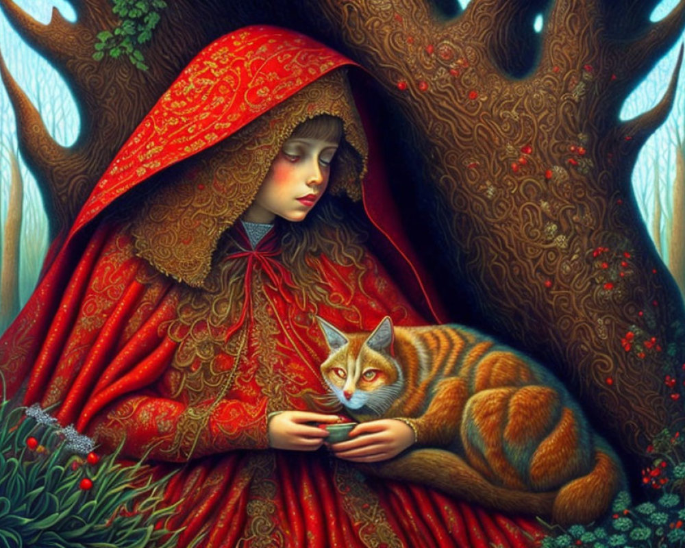 Detailed red cloak girl with apple and ginger cat in fantastical forest