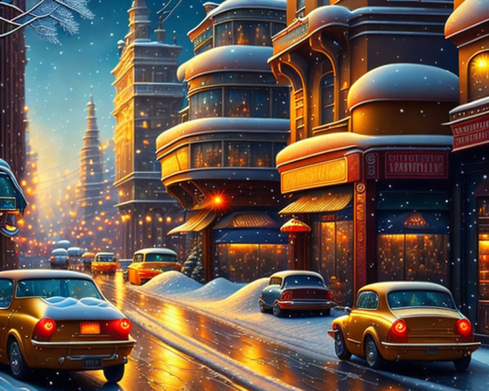 Snowy Evening Cityscape with Vintage Cars and Illuminated Buildings