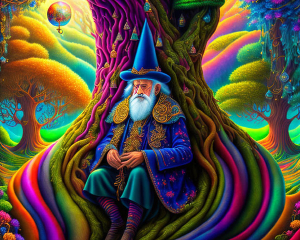 Vivid illustration of wizard in blue & gold robes by whimsical tree