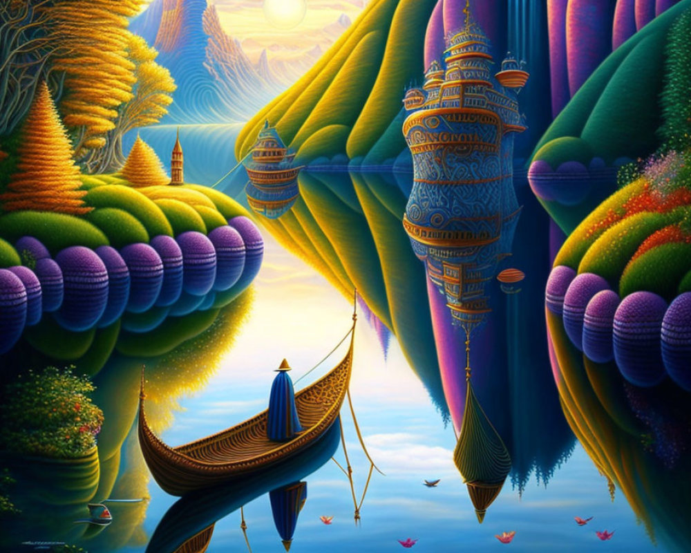 Vibrant surreal landscape with floating islands and ornate buildings