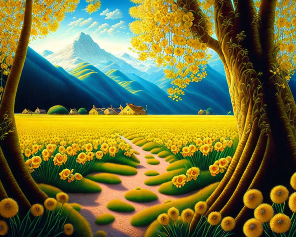 Lush field with yellow flowers, trees, mountains, and house under blue sky