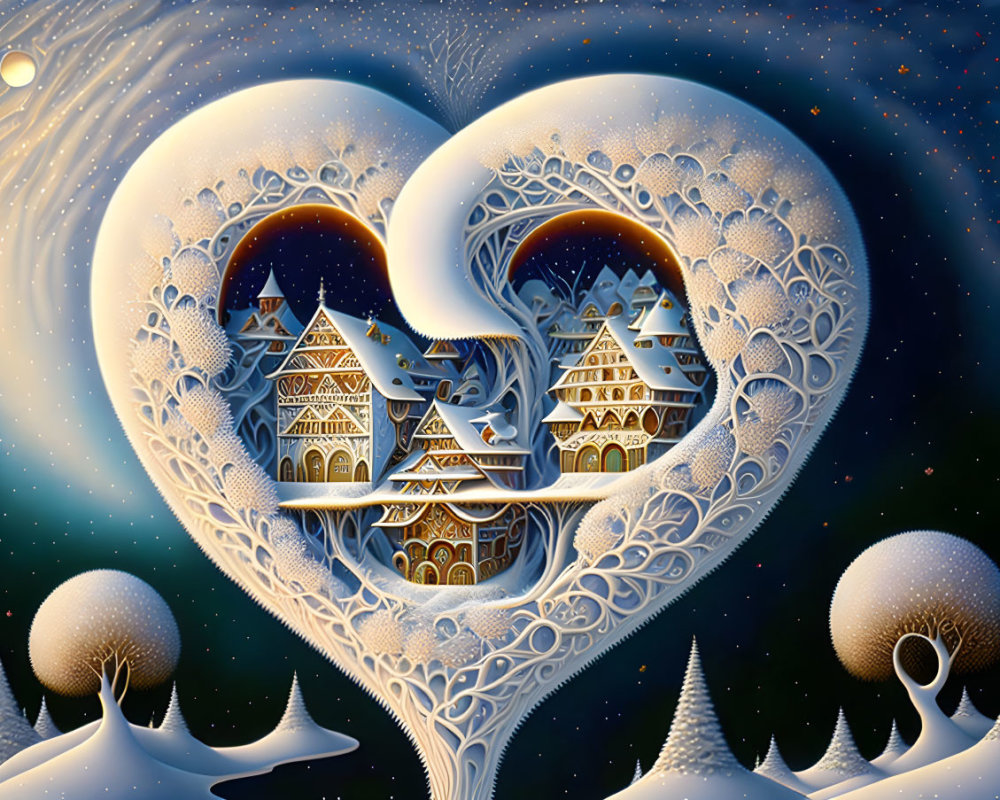 Whimsical winter landscape with heart-shaped trees and ornate houses