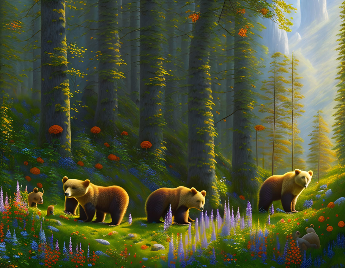 Tranquil forest glade with bears, wildflowers, and mushrooms